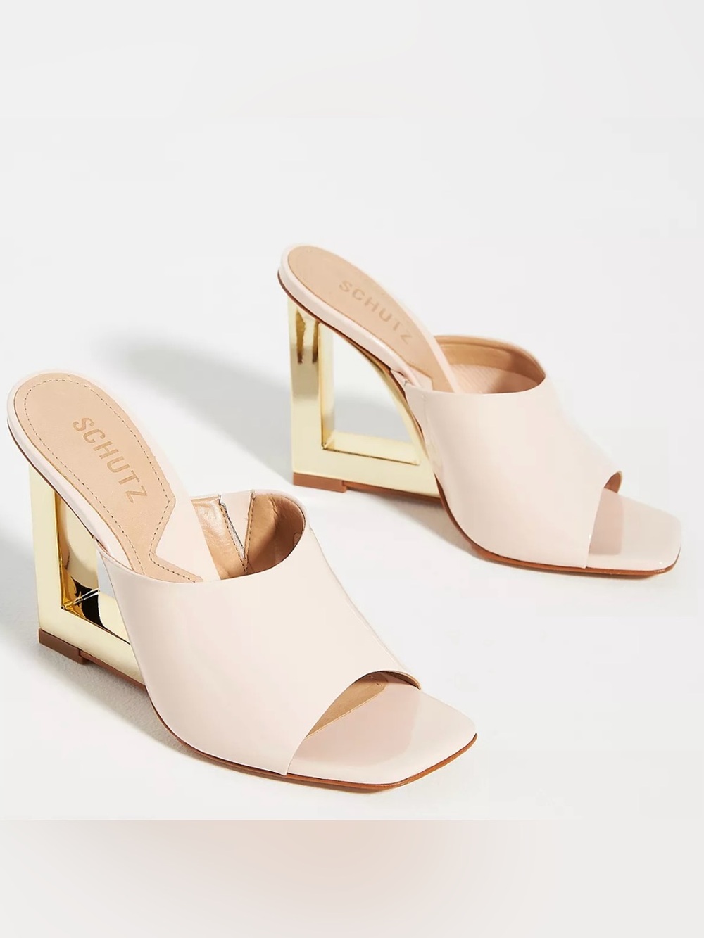 SCHUTZ Blush Leather Mule with Gold Geometric Heel